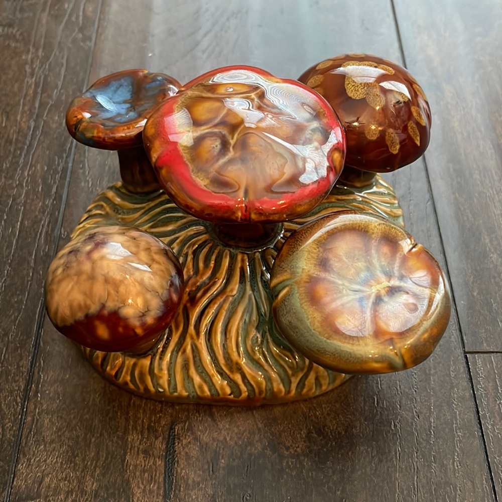 70s Handmade Ceramic Cluster Forest MUSHROOM Sculpture Figurine Garden Art